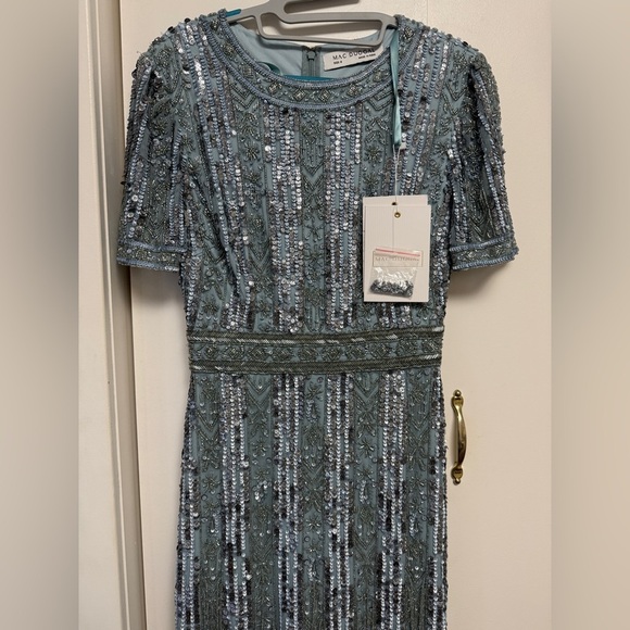 NWT | Mac Duggal Blue High Neck Short Sleeve Crystal Fringe Column Dress Size 6 - Picture 5 of 12